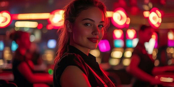 Dealer live Casino Hold'em di studio multi-kamera tajir 777 menunjukkan kartu-kartu kepada pemain